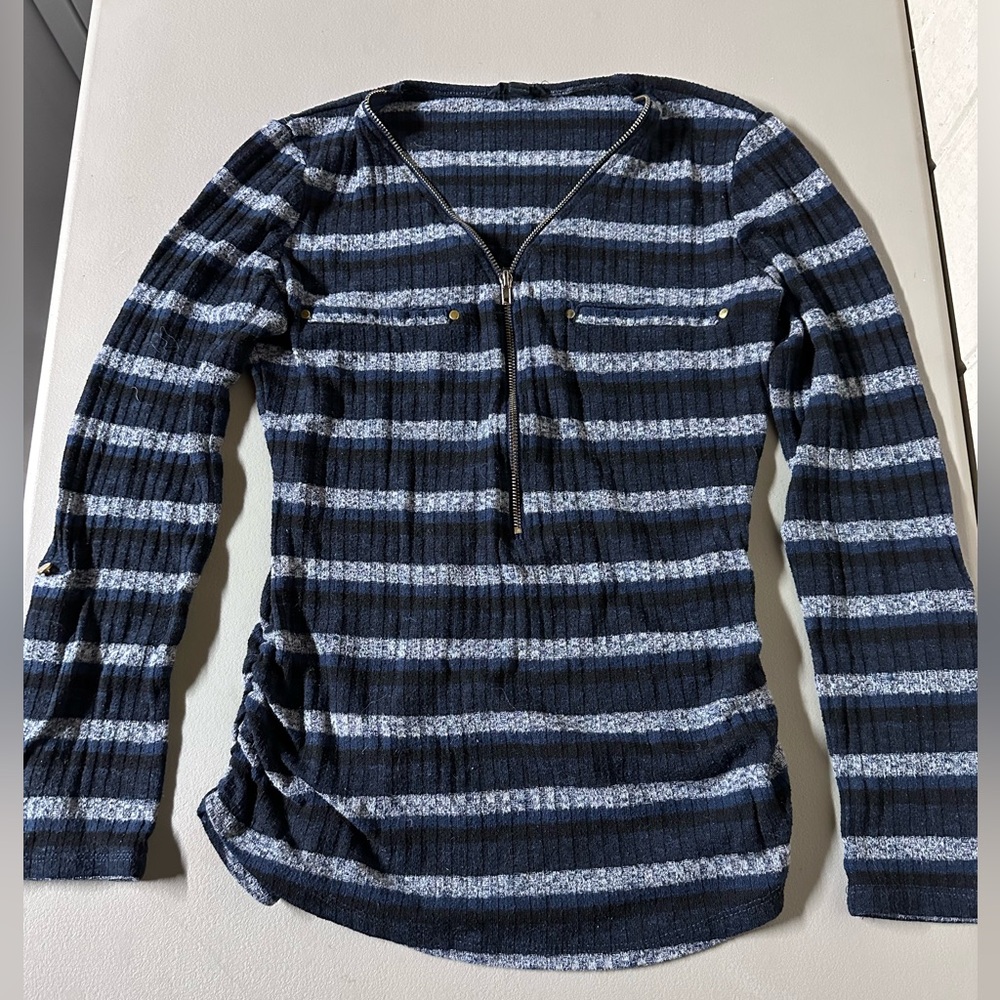 Striped Navy Black and Gray Ruched Adjustable Long Sleeve Top, size M